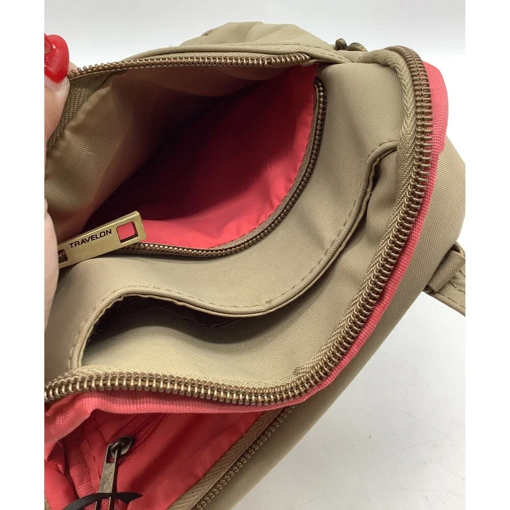 Travelon Nylon Purse Crossbody Anti-Theft Bag Khaki Pocket Adjustable Secure